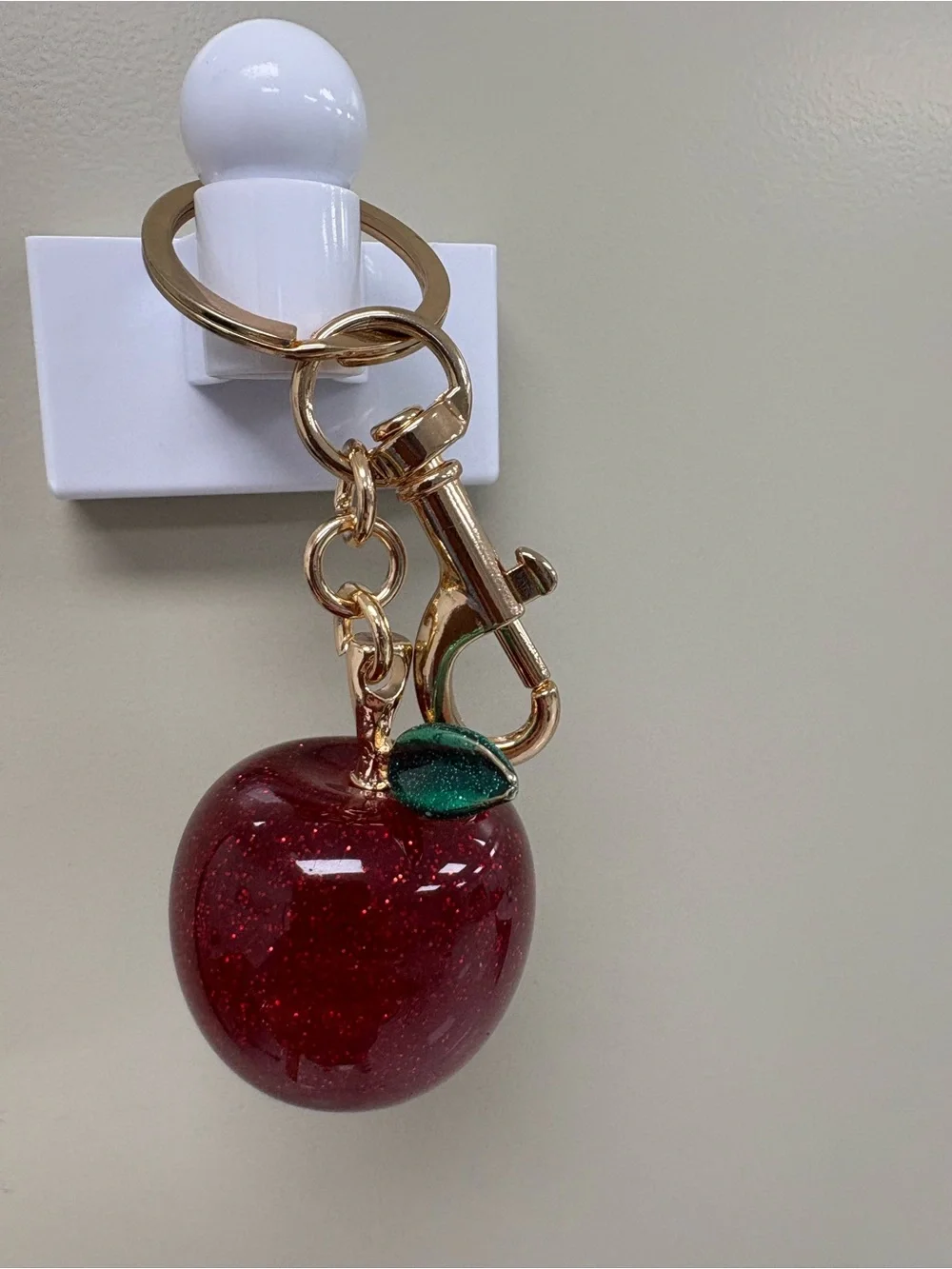 Sparkling Red Glitter Apple Green Leaf Bag Charm & Gold Keychain NWOT